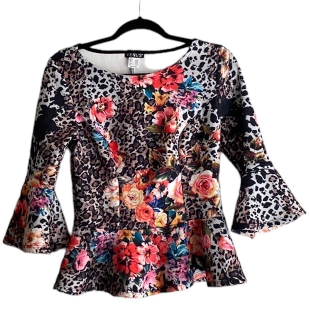 Venus Black Animal Print and Floral Bell Sleeves Top Blouse Size S